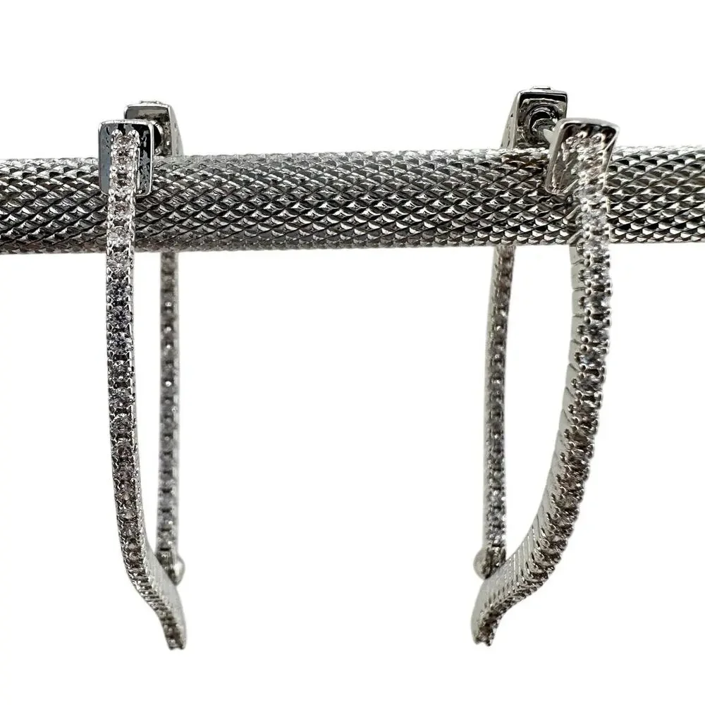 Cubic Zirconia Elegant Formal Inside Out Silver Tone Signed SW 1.5 Hoop Earrings